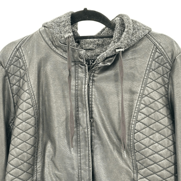 Mo-Ka Black Faux Leather Double Zip Quilted Hooded Size XL Streetwear Outdoorsy - Picture 3 of 11